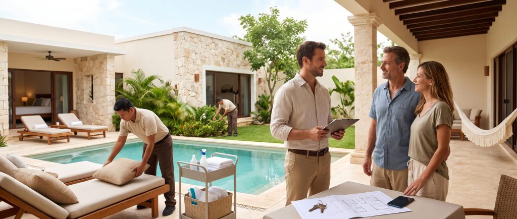 Property manager de Uxmalia conversando con propietarios junto a la alberca mientras el equipo da mantenimiento