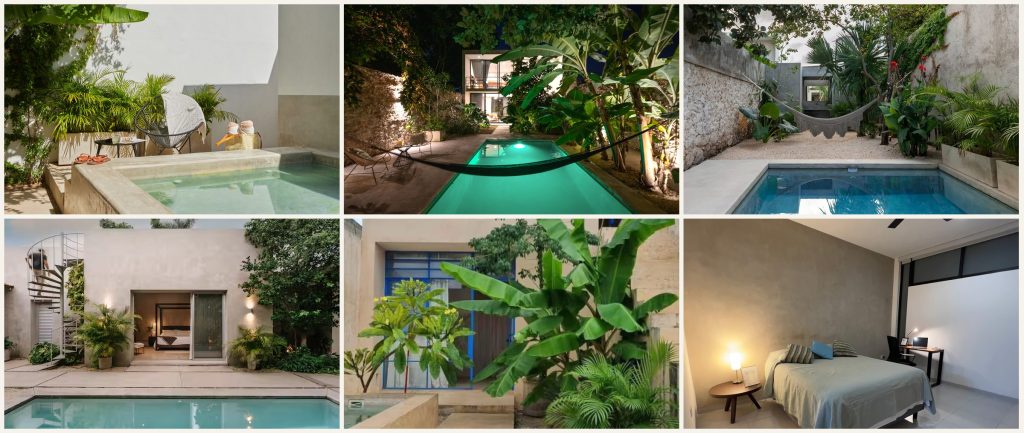 Collage de propiedades de hospedaje administradas por Uxmalia en Mérida